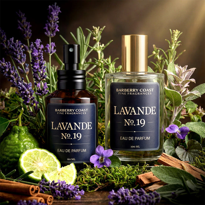 Two bottles of Barberry Coast Lavande No. 19 eau de parfum cologne surrounded by lavender flowers and herbs.