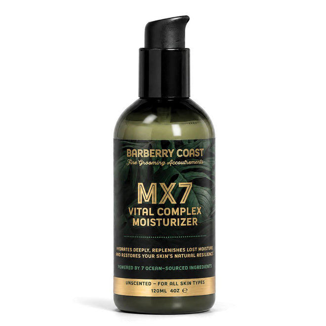 A pump bottle of MX7 Vital Complex Moisturizer by Barberry Coast, with a label indicating it is for 'all skin types' and highlighting its ocean-inspired ingredients.