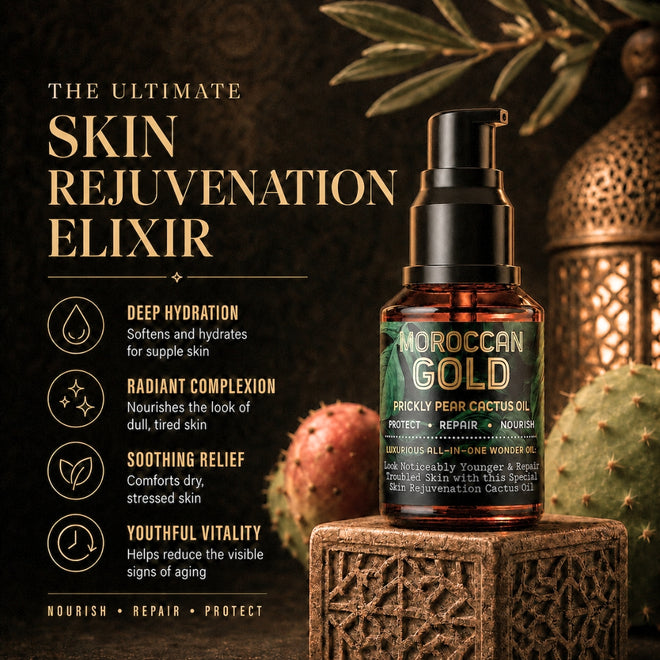 Moroccan Gold Prickly Pear Cactus Seed Oil by Barberry Coast in an amber colored glass bottle. The Ultimate skin rejuvenation elixir for anti-aging, protection, skin repair and deep nourishment. Benefits Explained - Deep hydration: Softens & hydrates for supple skin. Radiant complexion: Enriches with nutrients for a glowing look. Soothing relief: Eases skin conditions and sun damage. Youthful vitality: Stimulates cell renewal & reduces signs of aging.