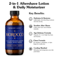 Bottle of Morocco 2-in-1 Aftershave Lotion & Daily Moisturizer with key benefits listed.