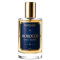 A 100ml glass bottle of Morocco Extrait Reserve perfume by Barberry Coast Fine Fragrances, featuring a dark blue label with gold lettering and a metallic gold cap, set against a plain white background.