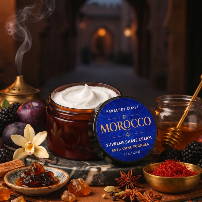 Morocco Supreme Shave Cream jar with ingredients on a dark background