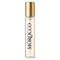 Perfume bottle with gold cap and 'Morocco' branding on a white background