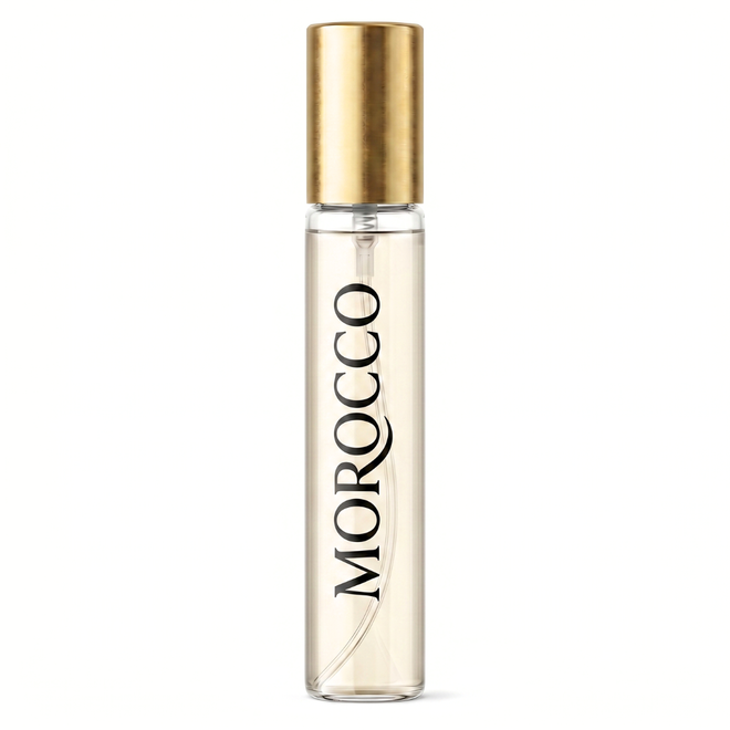 Perfume bottle with gold cap and 'Morocco' branding on a white background