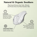 Product packaging with text about natural and organic soothers, featuring Calendula, Green Tea, and Chamomile Flower.