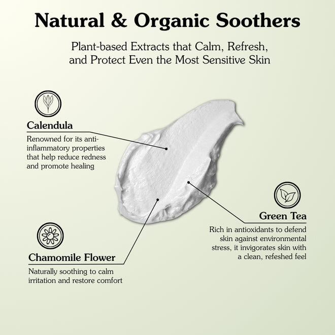 Product packaging with text about natural and organic soothers using calendula, chamomile flower, and green tea.