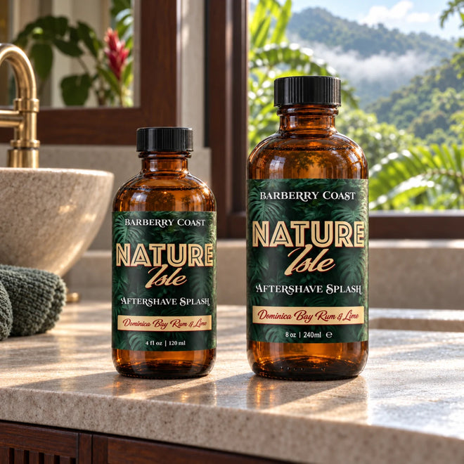 Barberry Coast Nature Isle Aftershave Splash in 4 oz and larger 8 oz amber bottles with green tropical-leaf labels, side by side on a stone bathroom countertop overlooking lush, mist-covered rainforest hills.