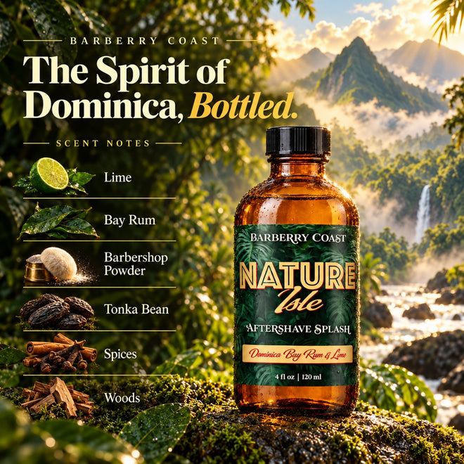 Barberry Coast Nature Isle Aftershave Splash in amber glass bottle against a lush Dominica rainforest landscape with mountains and waterfall. Featuring scent notes of lime, bay rum, barbershop powder, tonka bean, spices, and woods.