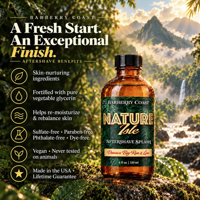 Barberry Coast Nature Isle Aftershave Splash with Dominica Bay Rum and Lime, pictured in a tropical rainforest setting. Highlights skin-nurturing ingredients, vegetable glycerin, moisturizing benefits, vegan formula, and Made in USA quality.