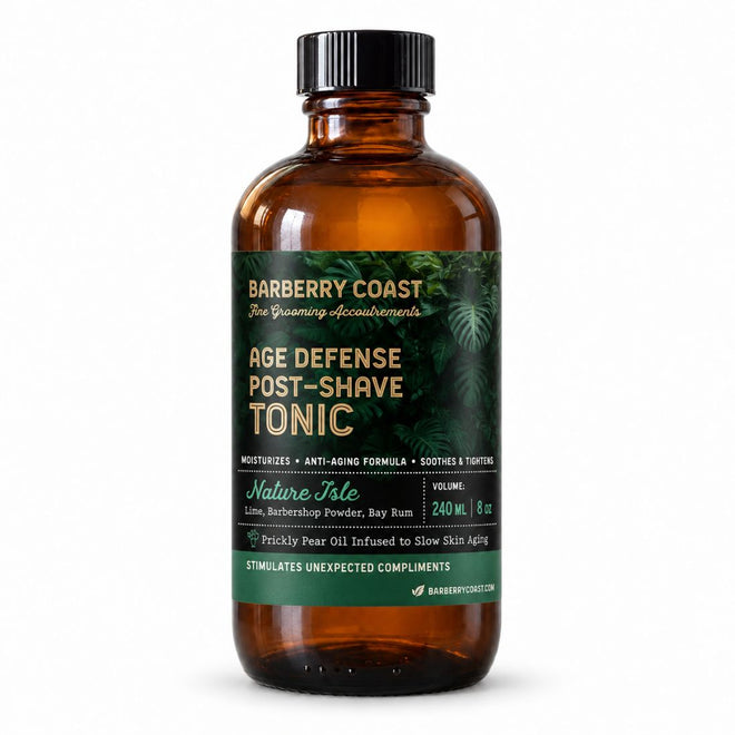 Barberry Coast Nature Isle Age Defense Tonic in an 8 oz amber Boston round bottle with a black cap, dark botanical label and green band, on a white background.