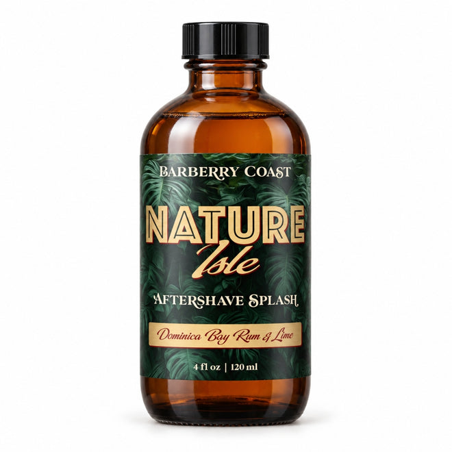 A 4 fl oz amber glass bottle of Barberry Coast Nature Isle Aftershave Splash with a black cap, featuring a dark green tropical leaf label with gold lettering, on a white background.