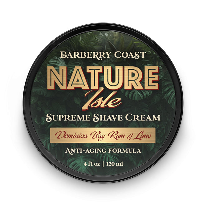 Barberry Coast Nature Isle Supreme Shave Cream container with tropical leaf design