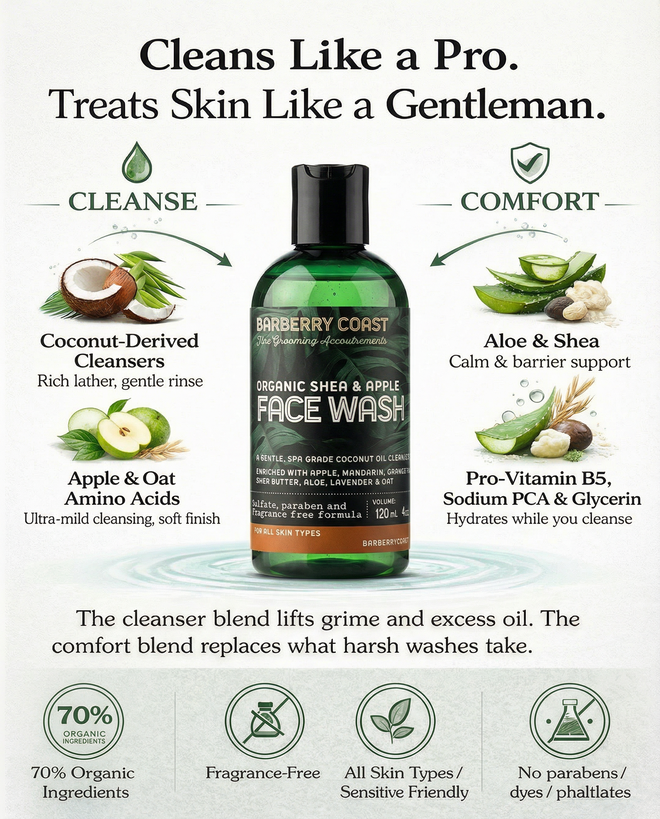 Barberry Coast face wash bottle with product features and benefits on a white background