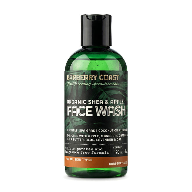 Green bottle of Barberry Coast Organic Shea & Apple Face Wash on a white background