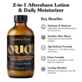 Bottle of Oud 2-in-1 Aftershave Lotion & Daily Moisturizer with key benefits listed on a white background.