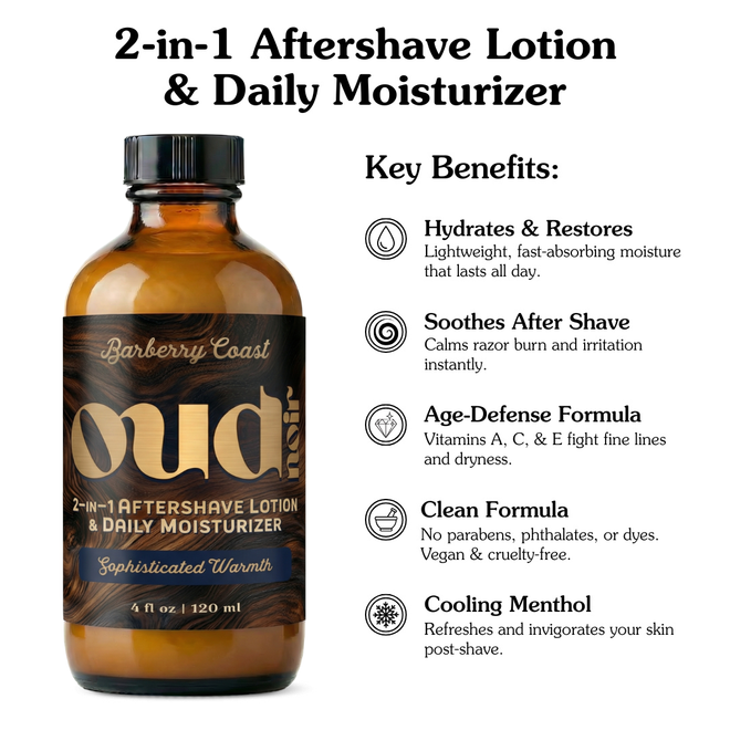 Bottle of Oud 2-in-1 Aftershave Lotion & Daily Moisturizer with key benefits listed on a white background.