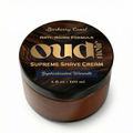 Oud Noir Supreme Shave Cream by Barberry Coast. Age defense and anti-aging formula. 4 ounce, 120 ml side in a black jar on a white background.
