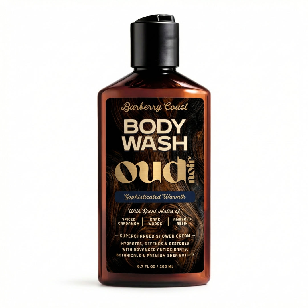 Barberry Coast Oud body wash bottle on a white background