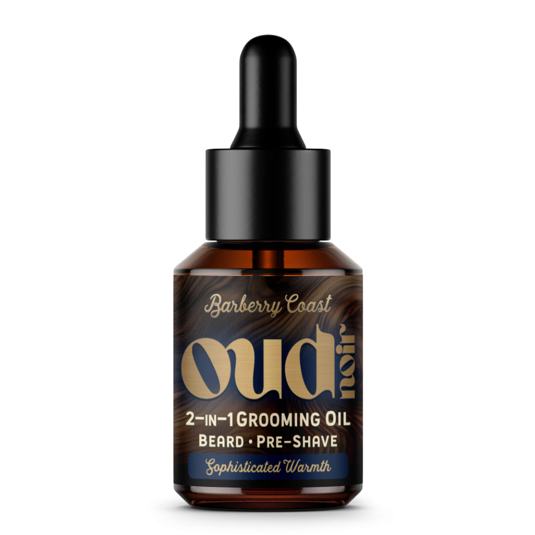 Bottle of Barberry Coast Oud 2-in-1 Grooming Oil with dropper on a white background