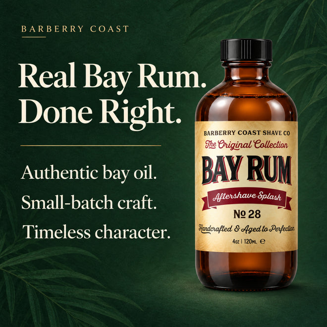 Barberry Coast Bay Rum Aftershave Splash in an amber bottle with text highlighting bay oil from Dominica, moisturizing vegetable glycerin and small-batch craftsmanship in the USA