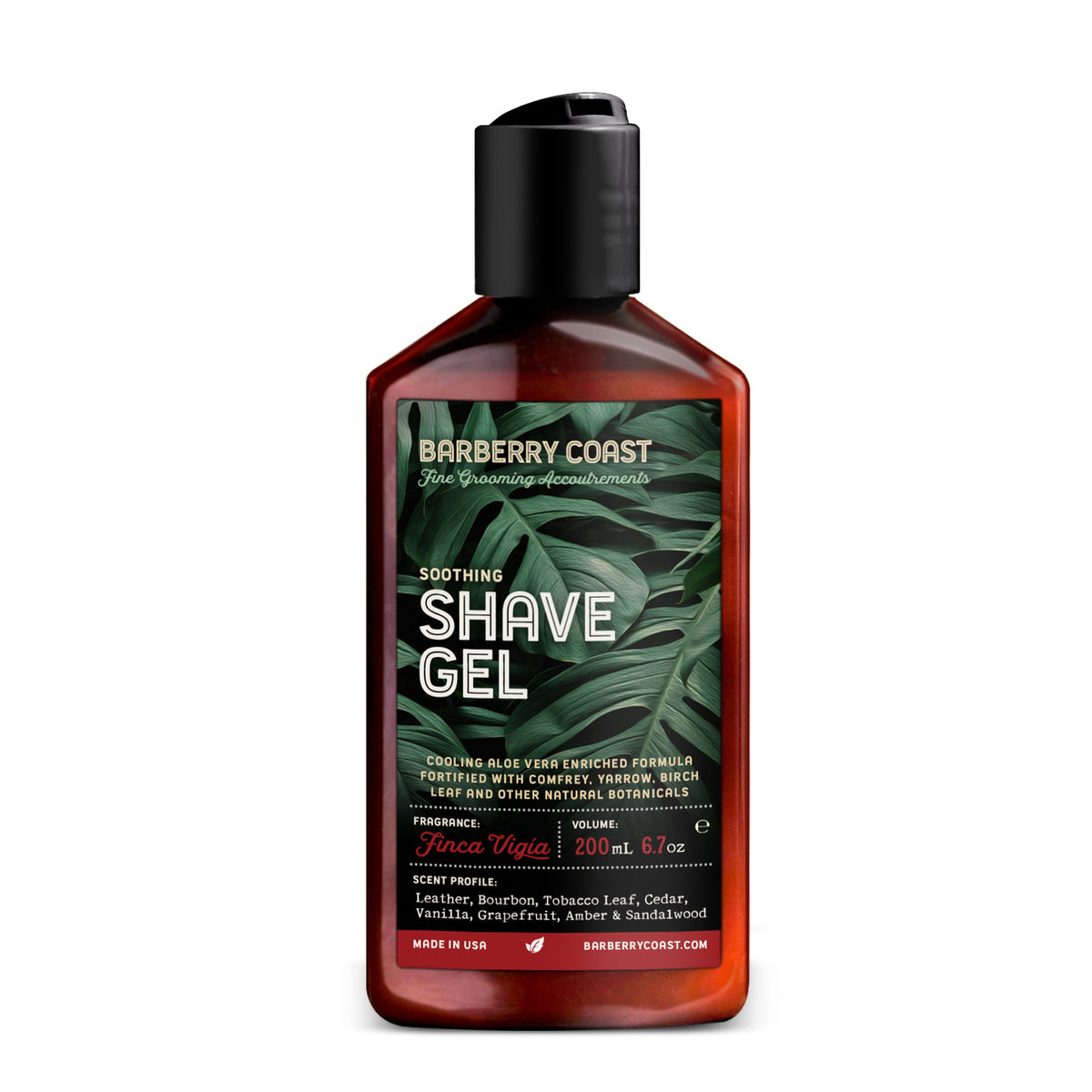 Barberry Coast Finca Vigia shave gel bottle with leaf design on label, featuring a promotional badge indicating size increase.