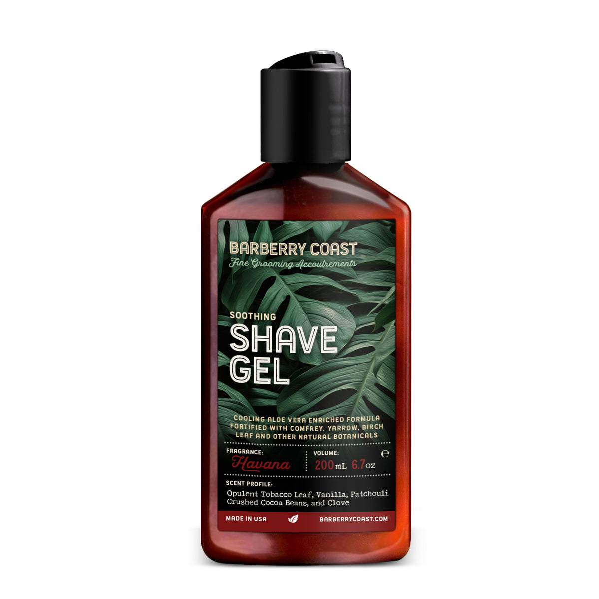 Barberry Coast Havana shave gel bottle with leaf design on label, featuring a promotional badge indicating size increase.