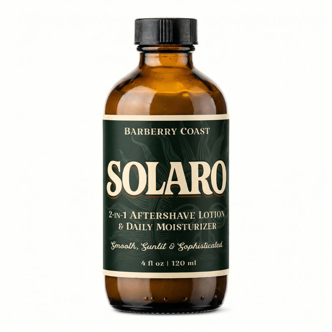 Brown bottle of Solaro 2-in-1 aftershave lotion and daily moisturizer with a black cap on a white background.