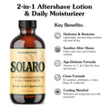 Bottle of Solaro 2-in-1 Aftershave Lotion & Daily Moisturizer on a white background with list of key benefits
