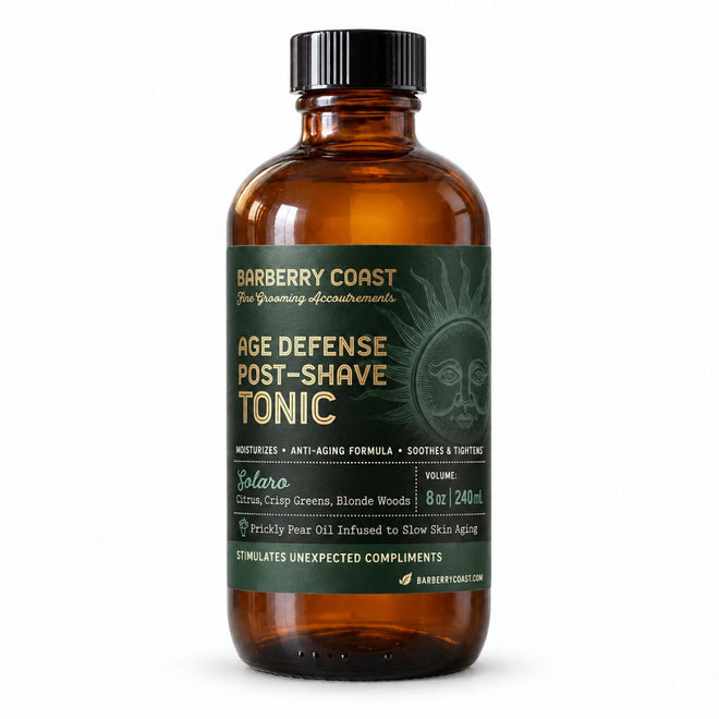 Barberry Coast Solaro Age Defense Tonic in a 4 oz amber bottle with a black cap, muted green label featuring a sun illustration and gold lettering, on a white background.