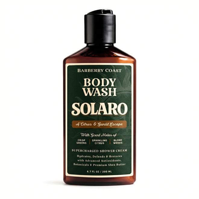 Barberry Coast Solaro body wash bottle on a white background