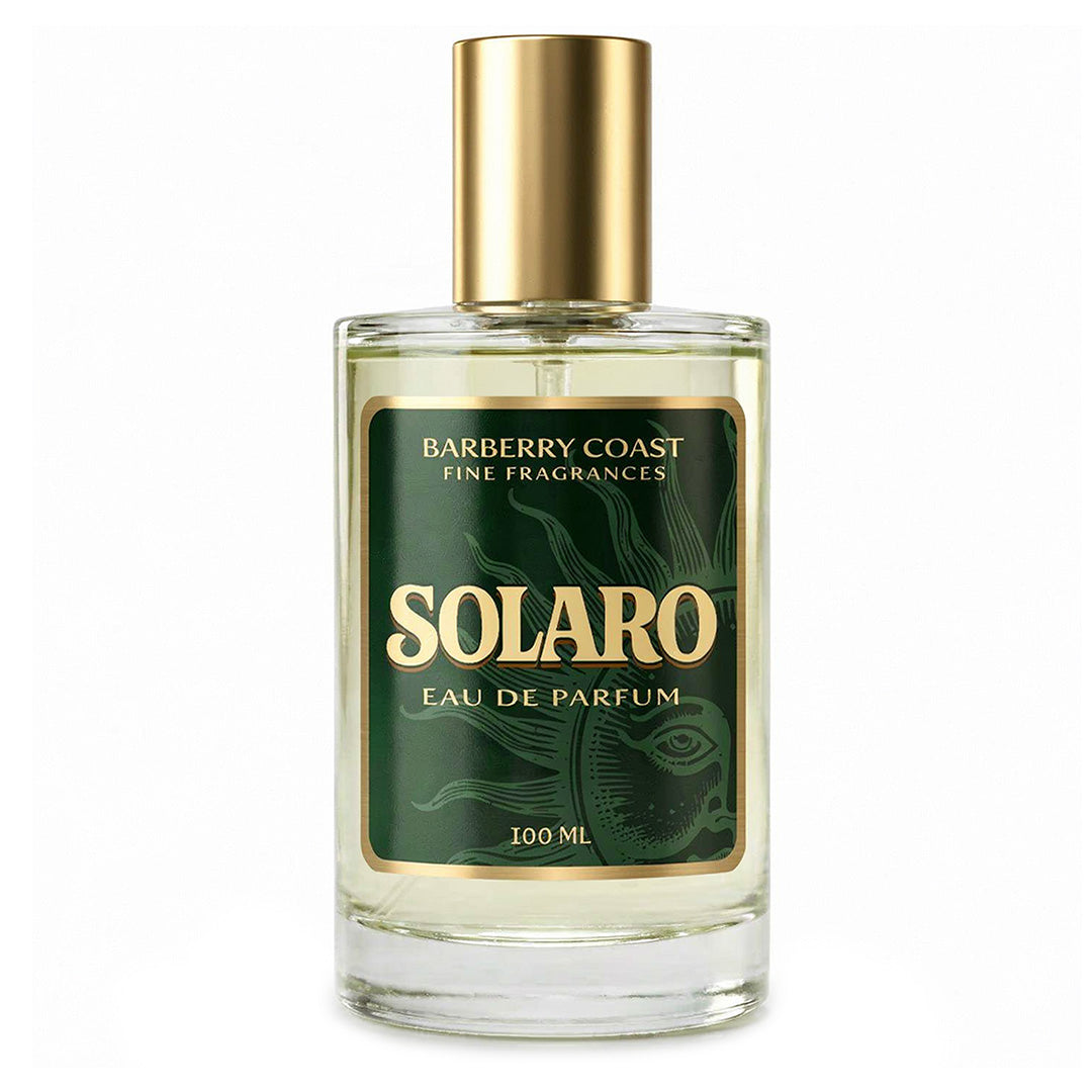 Eau de Parfum cologne bottle labeled 'Solaro' by 'Barberry Coast' on a white background