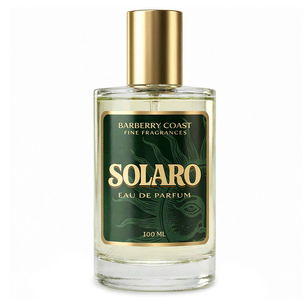 Eau de Parfum cologne bottle labeled 'Solaro' by 'Barberry Coast' on a white background