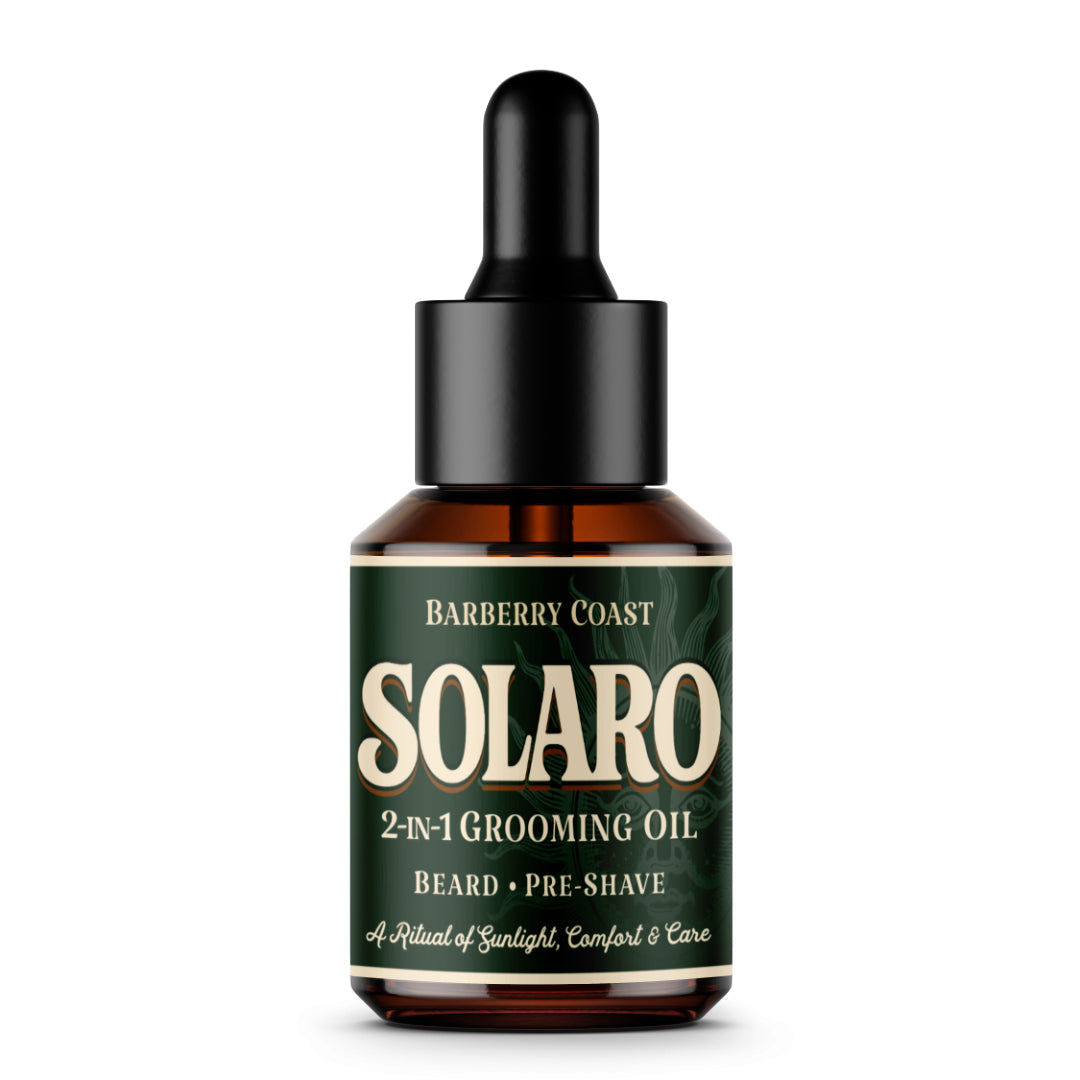 Bottle of Barberry Coast Solaro 2-in-1 Grooming Oil with dropper on a white background