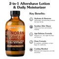 Sonoran Spice 2-in-1 Aftershave Lotion & Daily Moisturizer bottle with benefits listed on a white background