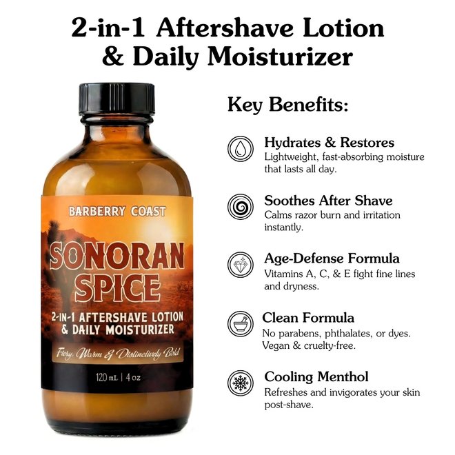 Sonoran Spice 2-in-1 Aftershave Lotion & Daily Moisturizer bottle with benefits listed on a white background