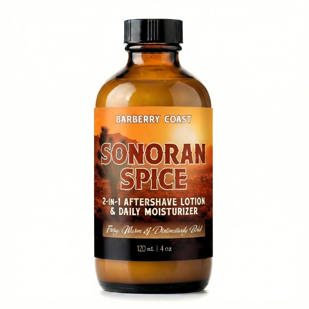 Bottle of Barberry Coast Sonoran Spice 2-in-1 Aftershave Lotion & Daily Moisturizer on a white background