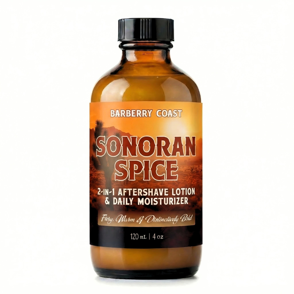 Bottle of Barberry Coast Sonoran Spice 2-in-1 Aftershave Lotion & Daily Moisturizer on a white background