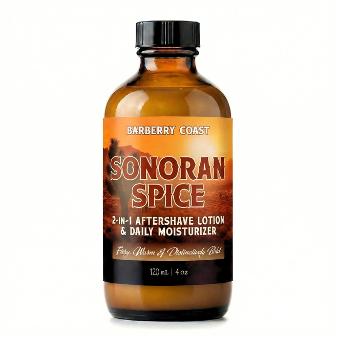 Bottle of Barberry Coast Sonoran Spice 2-in-1 Aftershave Lotion & Daily Moisturizer on a white background