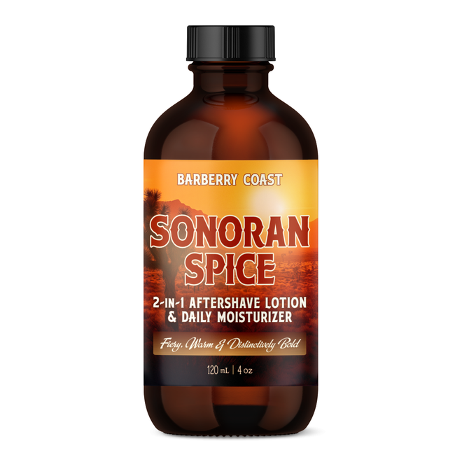 Brown bottle of Sonoran Spice 2-in-1 aftershave lotion and daily moisturizer with a label on a white background.