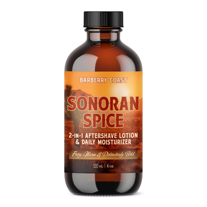 Bottle of Sonoran Spice 2-in-1 Aftershave Lotion & Daily Moisturizer by Barberry Coast on a white background