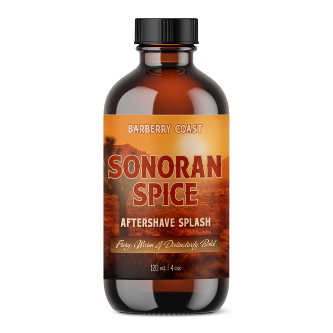 Bottle of Sonoran Spice Aftershave Splash by Barberry Coast on a white background