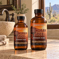 Barberry Coast Sonoran Spice Aftershave Splash in 4 oz and larger 8 oz amber bottles with orange desert-themed labels, side by side on a sunlit travertine bathroom countertop overlooking saguaro cacti and desert mountains.