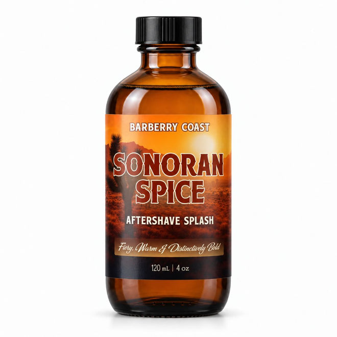 Bottle of Sonoran Spice Aftershave Splash by Barberry Coast on a white background