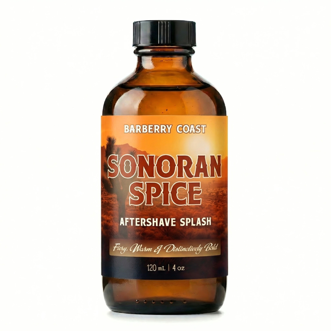Bottle of Sonoran Spice Aftershave Splash by Barberry Coast on a white background