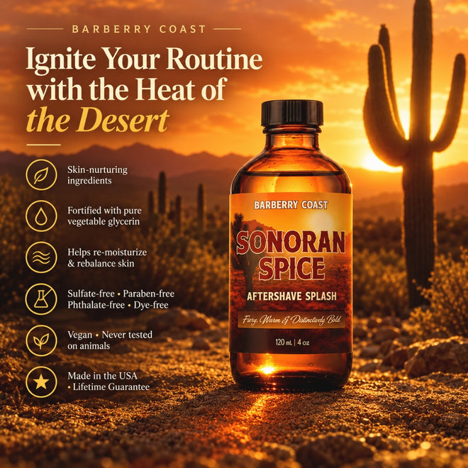 arberry Coast Sonoran Spice Aftershave Splash in a 4 oz amber glass bottle against a dramatic Sonoran Desert sunset with saguaro cacti. Highlights include skin-nurturing ingredients, hydrating vegetable glycerin, sulfate-free and paraben-free formula, vegan and cruelty-free ingredients, Made in USA craftsmanship, and a lifetime guarantee.