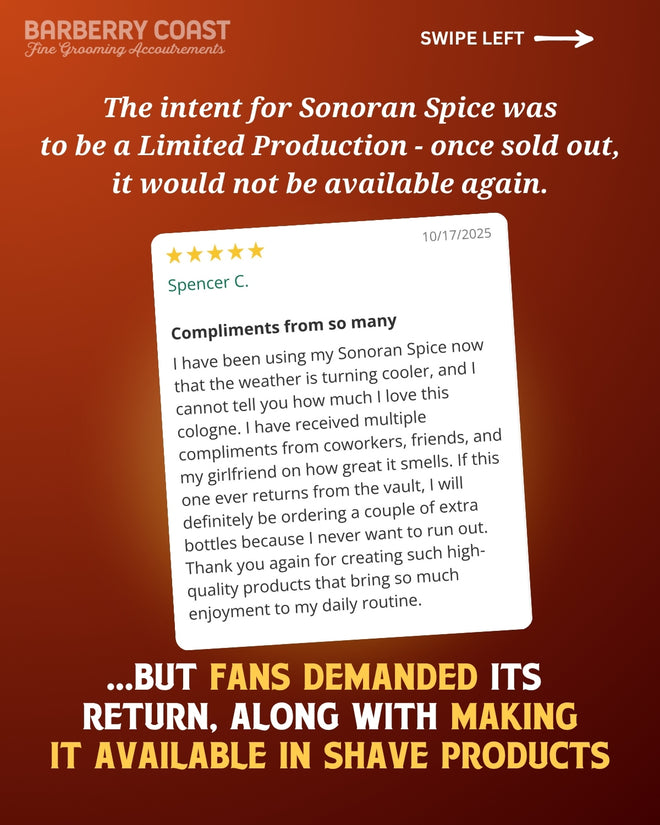 Promotional graphic for Barberry Coast Sonoran Spice cologne with customer review and branding elements.