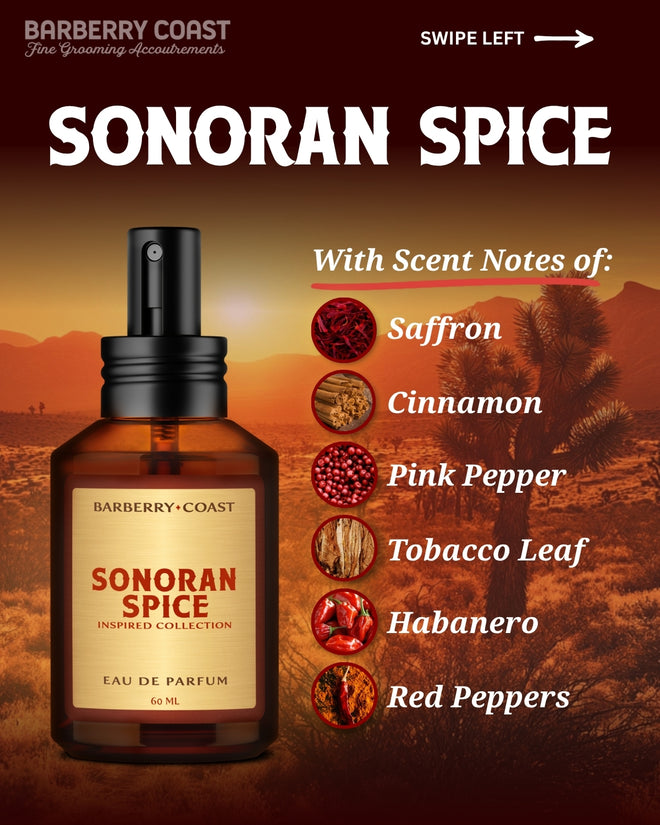 Barberry Coast Sonoran Spice eau de parfum bottle with desert landscape background and a description of scent notes