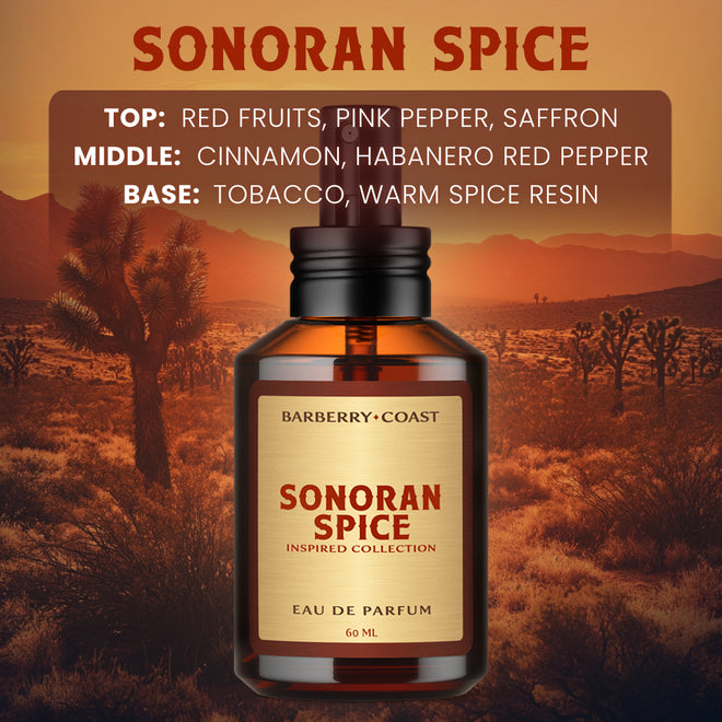 Barberry Coast Sonoran Spice eau de parfum bottle with desert landscape background with fragrance note details.