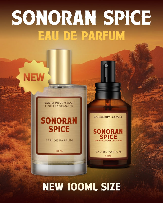 Two bottles of Sonoran Spice Eau de Parfum with a desert landscape background