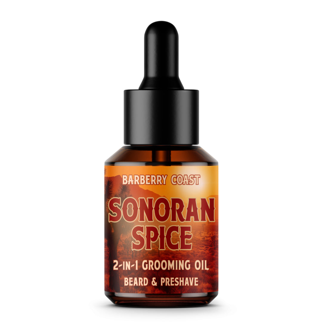 Bottle of Sonoran Spice 2-in-1 grooming oil on a white background